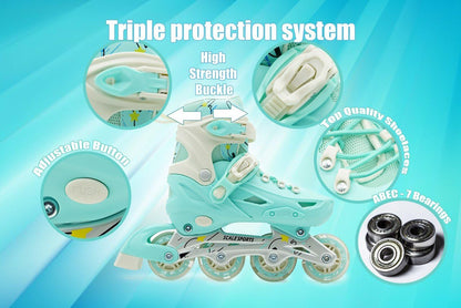 Scale Sports Adjustable Roller Skates Inline with 8 Light-Up Wheels – Kids Inline Roller Skates for Children's and Adults Rollers for Boys and Girls (Mint, Small-UK C11-1, EU 29-32)