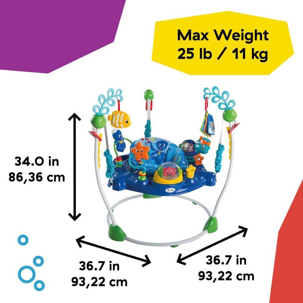 Baby Einstein Neptune's Ocean Discovery Activity Jumper and Bouncer with removable toys, adjustable heights, and 360° rotation for babies.