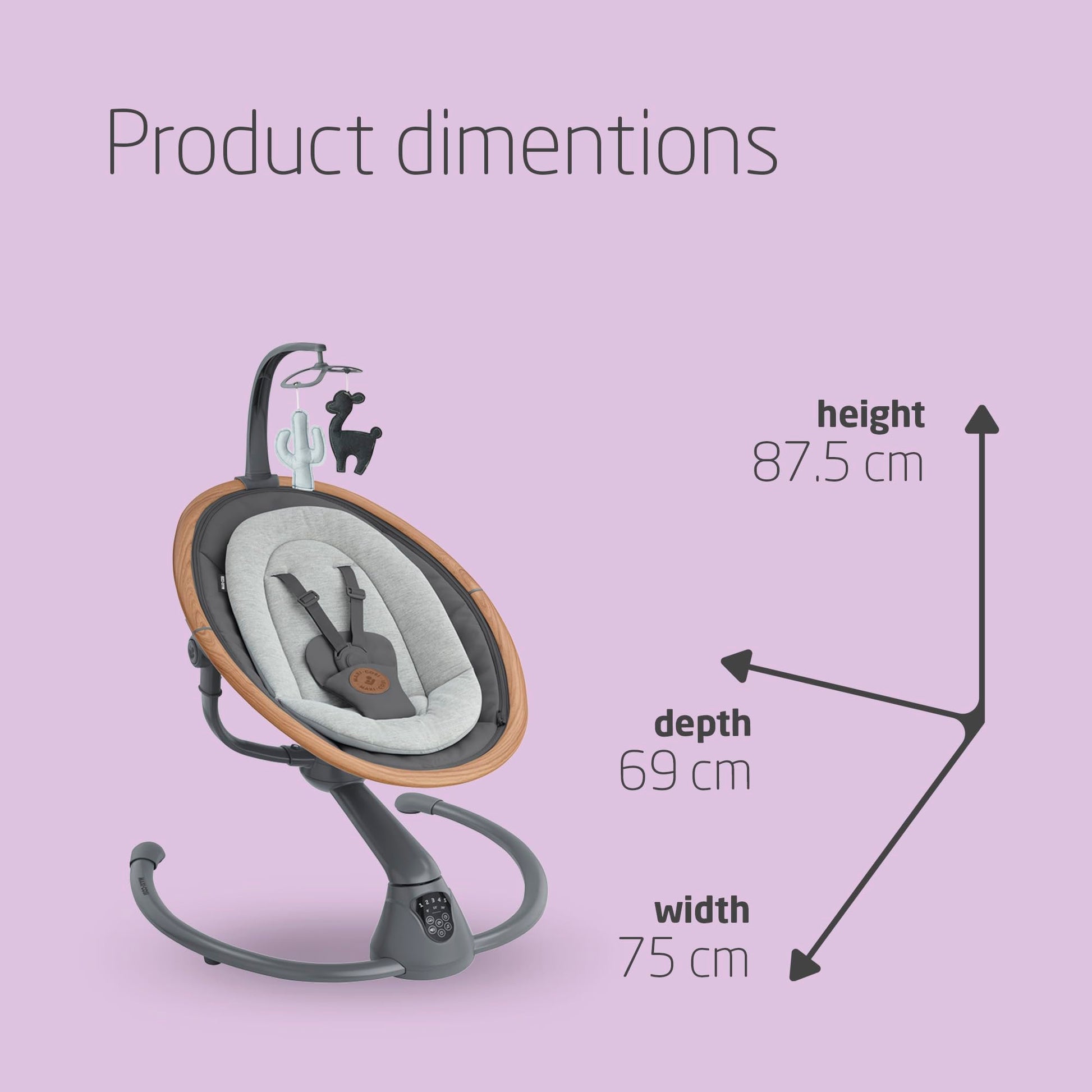 Maxi-Cosi Cassia Electric Baby Swing Chair in Essential Graphite with 360° seat rotation, melodies, and adjustable recline for infants.