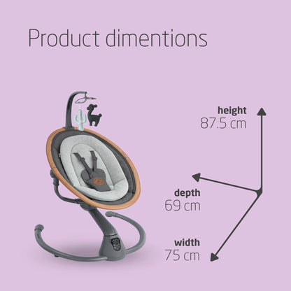 Maxi-Cosi Cassia Electric Baby Swing Chair in Essential Graphite with 360° seat rotation, melodies, and adjustable recline for infants.