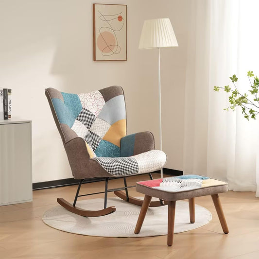 BTM Rocking Chair for Nursery, Rocking Chair with with Footstool, Iron and Walnut Feet, Single Recliner Lounge for Living Room Bedroom Office, Colorful