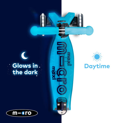 Micro Scooters | Maxi Micro Deluxe LED Children's Scooter | Handlebar Adjustable | Light Up Wheels | Glow In The Dark | Boys & Girls | 5-12yrs | Crystal Blue