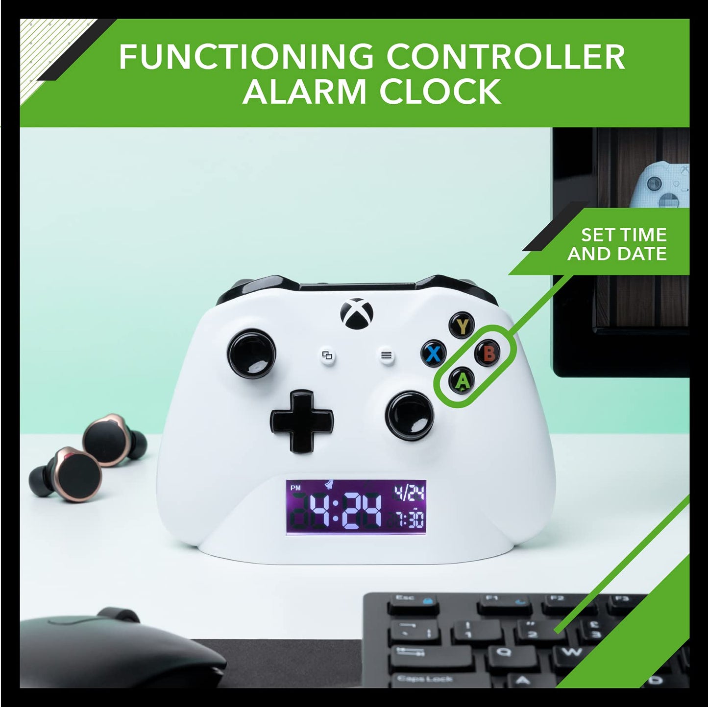 Paladone Xbox alarm clock with multicolored LED display, featuring gaming-themed design and official licensed Xbox merchandise.