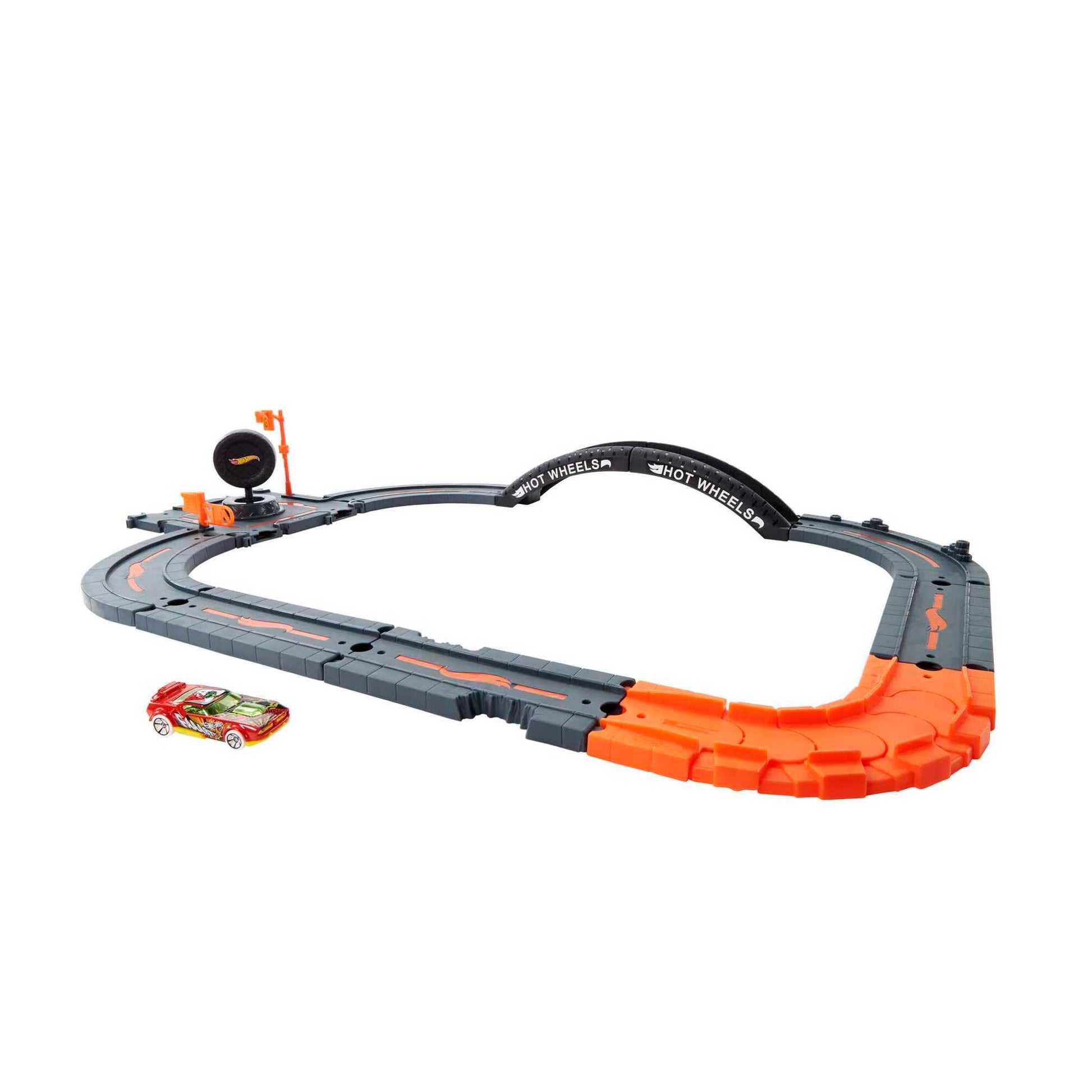 Hot Wheels City Track Pack, 10 pieces with track base, various pieces, and one car for building a cityscape for kids.
