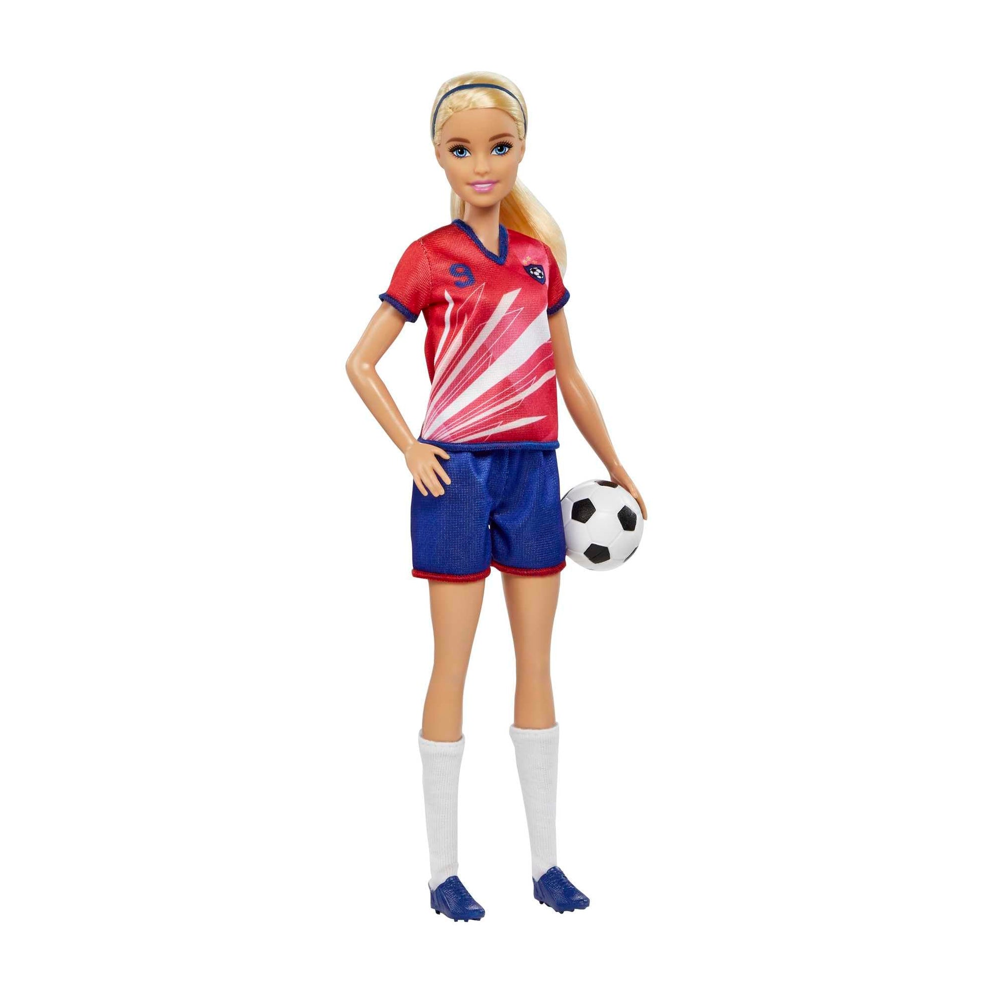 Barbie Careers soccer player doll with blonde ponytail, #9 uniform, tall socks, cleats, and soccer ball.