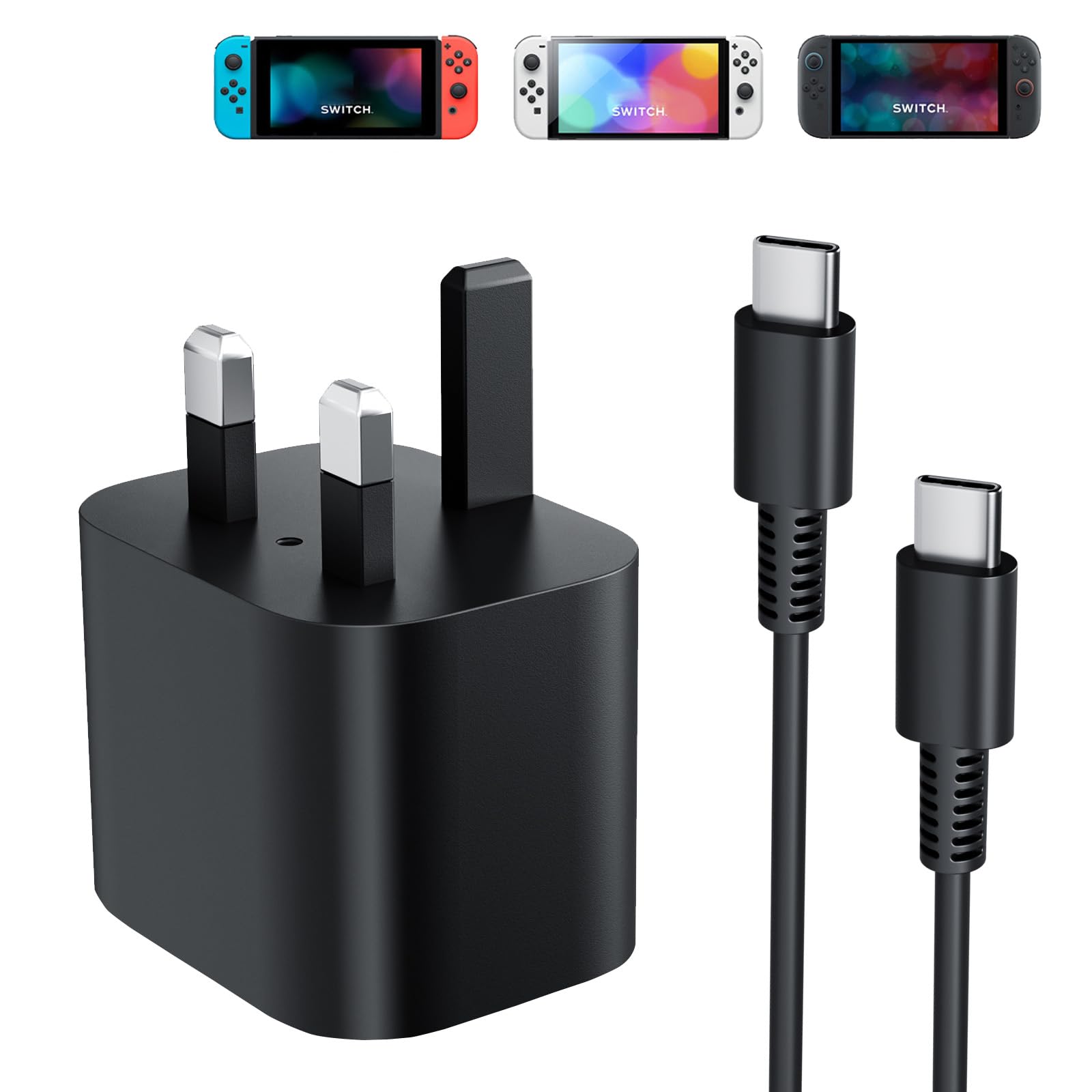 Gqohrt 60W USB-C charger for Nintendo Switch, Switch OLED, Lite, Steam Deck, with 6FT cable and TV dock support.