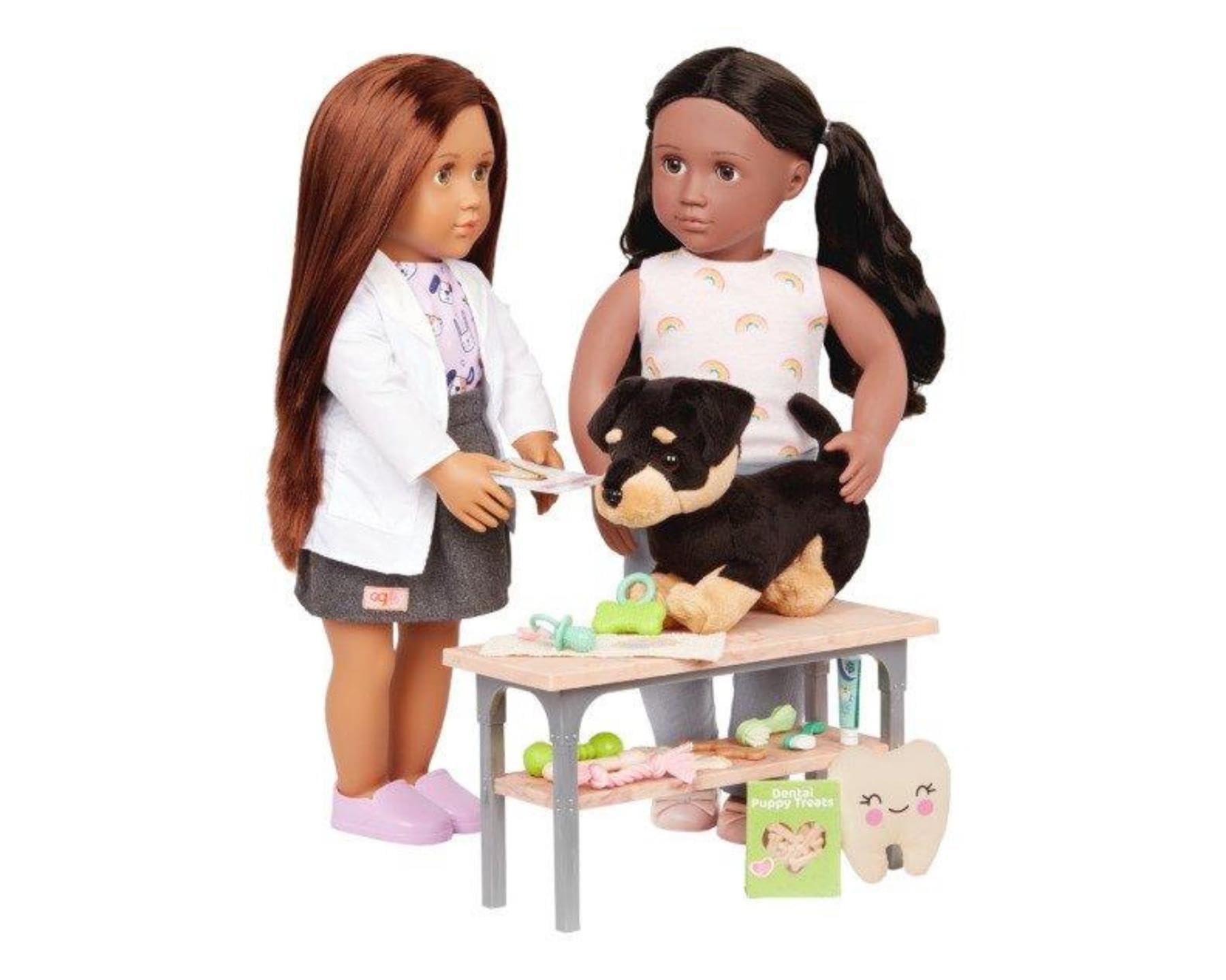 Our Generation 19-piece canine care dentist set for 18-inch dolls with dental tools, toys, and treats for imaginative play.