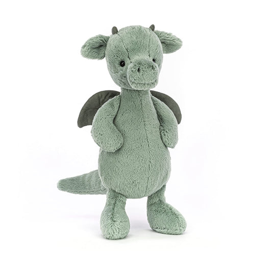 Medium Bashful Green Dragon plush soft toy by Jellycat, featuring a cute face and soft, textured fabric.