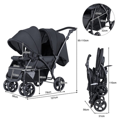 Maxmass Double Seat Baby Stroller, Folding Infant Pushchair with Adjustable Handlebar & Backrest, Storage Basket and Detachable Canopy, Travel Toddler Buggy for Shopping, Hanging Out (Black)