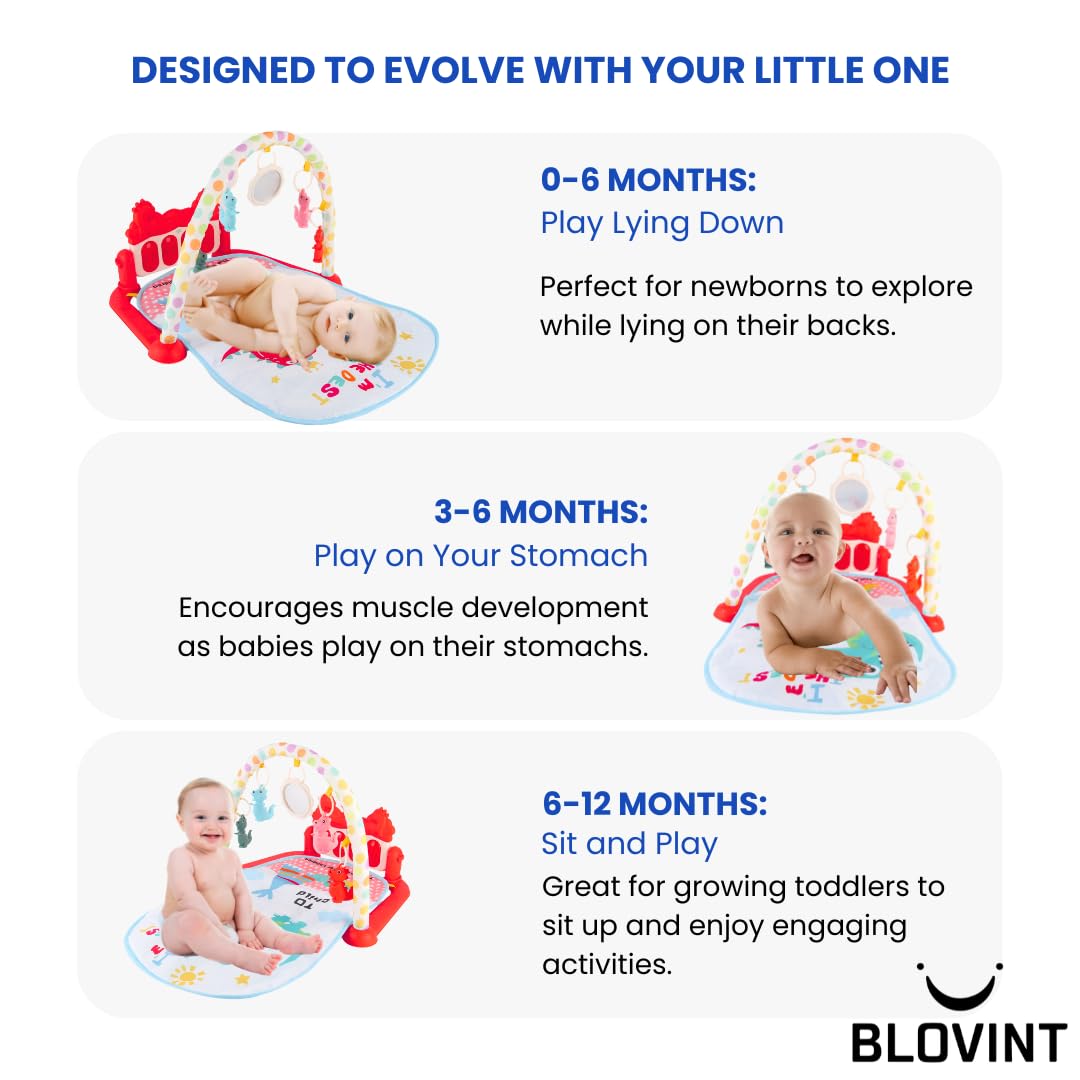 BLOVINT Baby Play Gym with piano, sensory toys, lights, and music for newborns and toddlers, featuring LED lights and press keys.