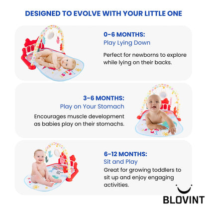 BLOVINT Baby Play Gym with piano, sensory toys, lights, and music for newborns and toddlers, featuring LED lights and press keys.