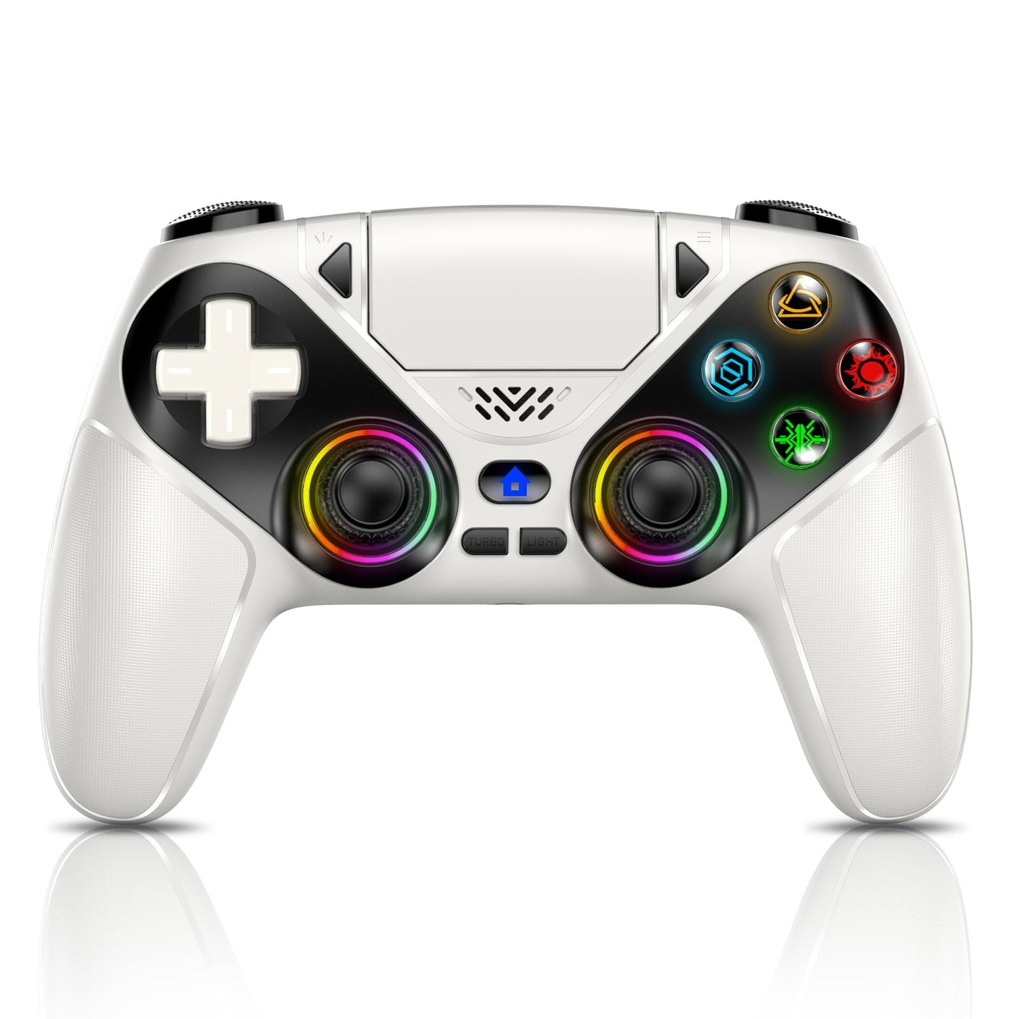Gamrombo RGB Wireless Controller for PS5/Pro/Slim & PCs, Bluetooth Gamepad with Back Buttons, Touchpad, Macro, Turbo, Dual Vibration, 6-Axis Sensor, Speaker, 3.5mm Audio Jack, White