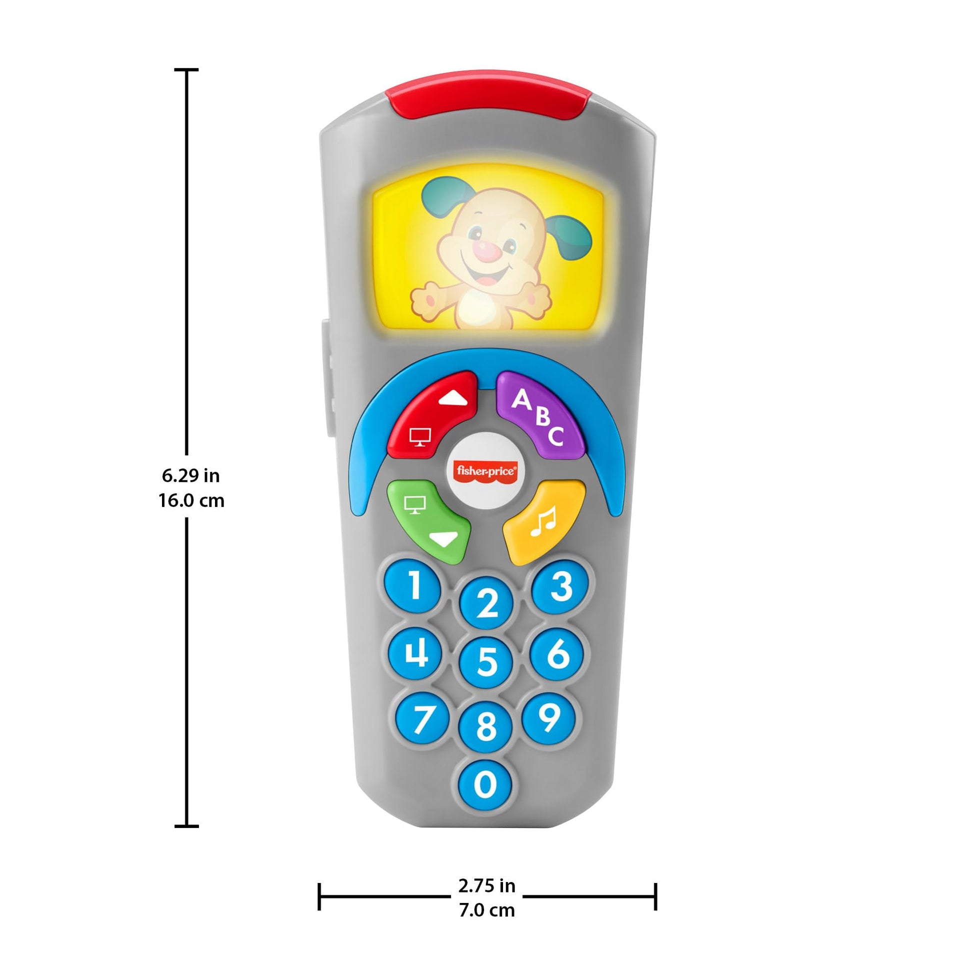 Fisher-Price Laugh and Learn Remote toy with light-up screen, push buttons, and 35+ songs for baby early learning development.