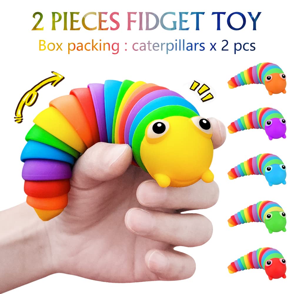 2 Pieces Articulated Fidget Toy, Rainbow Caterpillar Toy Ocean Shark Decompression Toys, Stim Toy Decompression Fun Autism ADHD Fidgeting Children's Toys Adults (Rainbow Caterpillars)