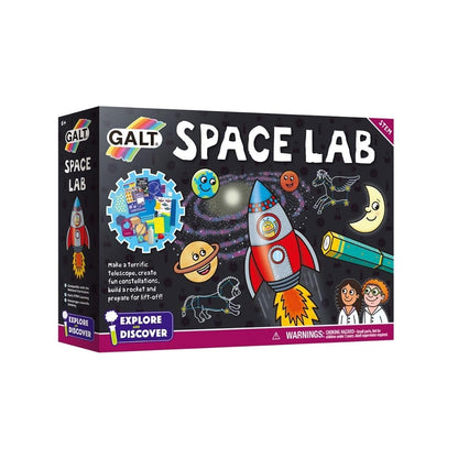 Galt Space Lab STEM craft kit for kids showing rocket models, constellation charts, and science experiments for children ages 6+