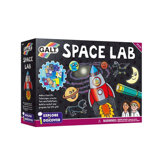 Galt Space Lab STEM craft kit for kids showing rocket models, constellation charts, and science experiments for children ages 6+