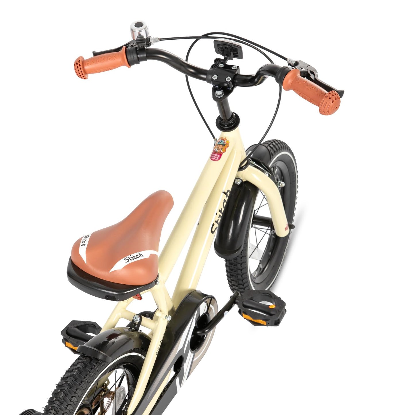 Beige STITCH 16-inch kids bike with stabilisers, designed for boys and girls aged 4-7. Features 16-inch wheels.