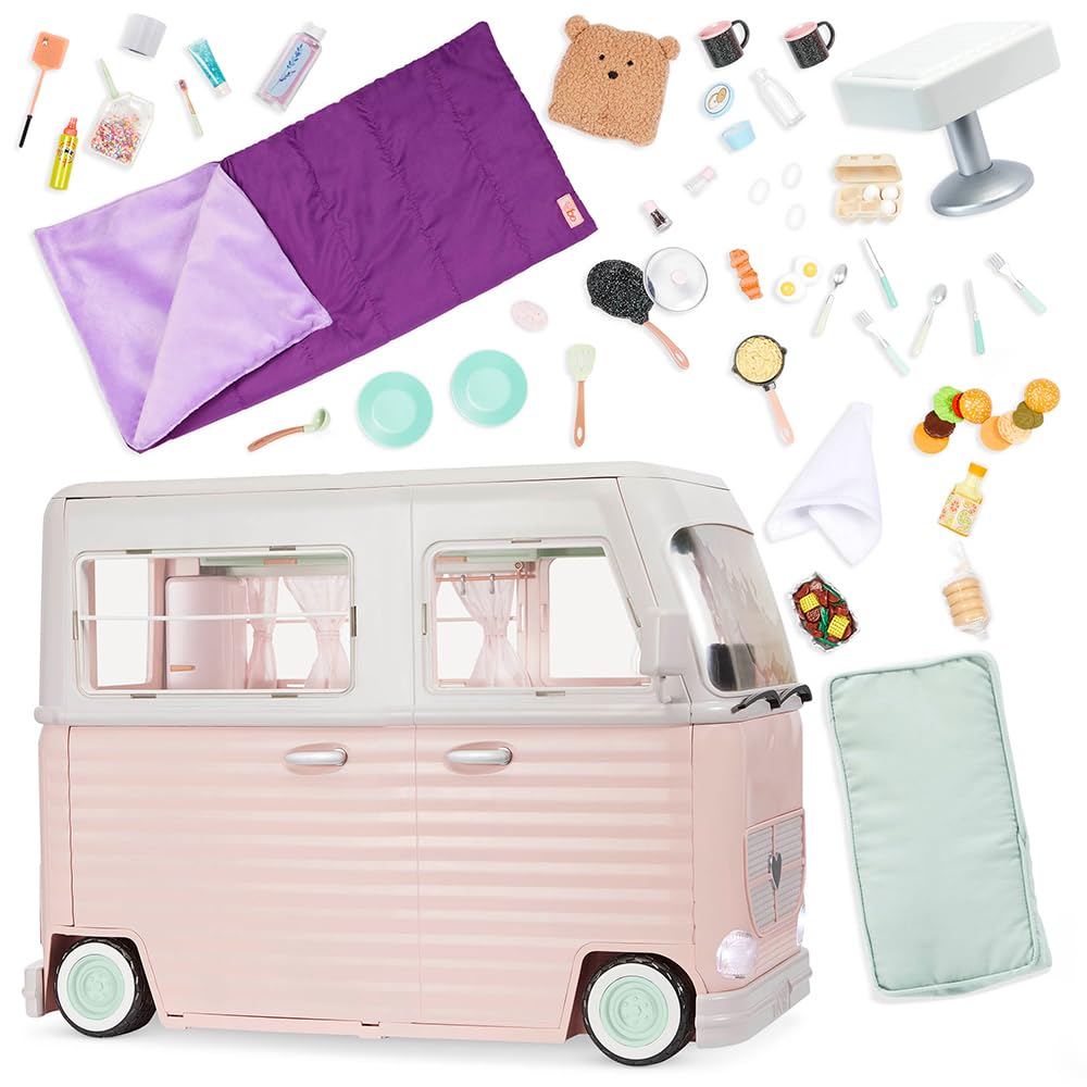 Our Generation camper playset with 58 accessories, featuring a toy RV and electronics for 18-inch dolls, ideal for pretend play.