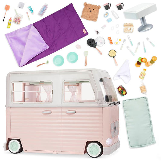 Our Generation camper playset with 58 accessories, featuring a toy RV and electronics for 18-inch dolls, ideal for pretend play.