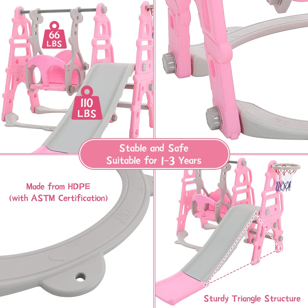 FUKEA Baby Swing Slide, 4-in-1 Toddler Slide and Swing Set with Basketball Hoop, Garden Climbing Frame, Outdoor Indoor Large Slide Swing for Toddlers Age 1-3, Kids Gift (Pink)