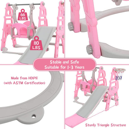 FUKEA Baby Swing Slide, 4-in-1 Toddler Slide and Swing Set with Basketball Hoop, Garden Climbing Frame, Outdoor Indoor Large Slide Swing for Toddlers Age 1-3, Kids Gift (Pink)
