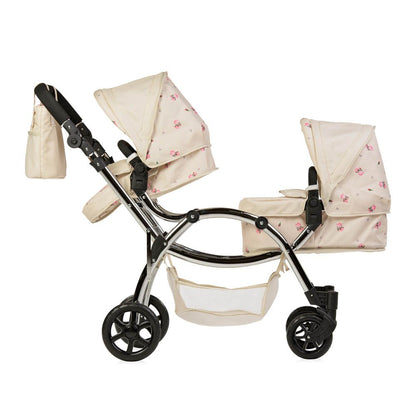 Roma Darcie Twin Cream Dolls Pram - Adjustable Handle Dolls Pushchair for Reborn Dolls, Double Dolls Pram with 16 Combinations, Bag & Shopping Basket - Ideal for Ages 3-16