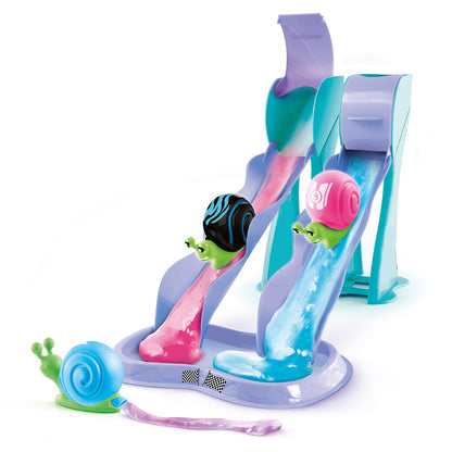 Colorful slime race set with squeezable snail figures and racing tracks, designed for children ages 5 and up by Canal Toys.