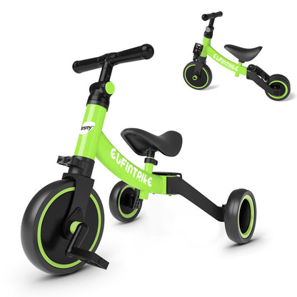Green besrey 5-in-1 toddler tricycle with removable pedals, suitable for ages 10 months to 4 years, featuring a safety seat and balance training.