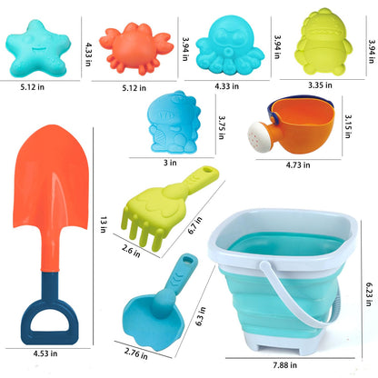 HaiLeTao beach toys set for kids includes collapsible sand bucket, mesh bag, shovels, rakes, animal and dinosaur molds, watering can.