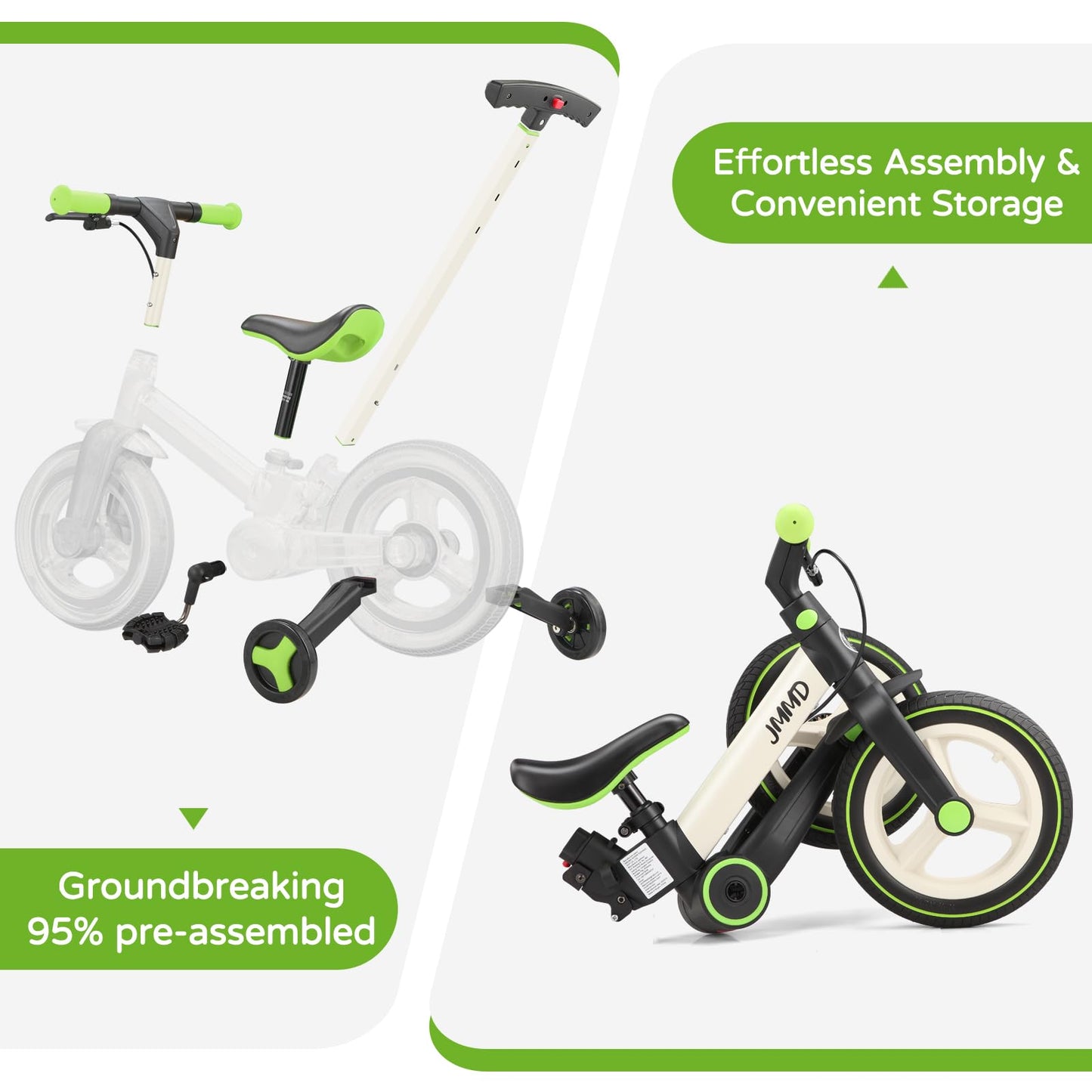 JMMD Balance Bike with Training Wheels and Pedals, Kids Push Bike with Adjustable Push Handle, Fun and Safe Toddler Tricycle for Boys and Girls with Brakes & Kickstand, Age18 Months-5 Years, Green