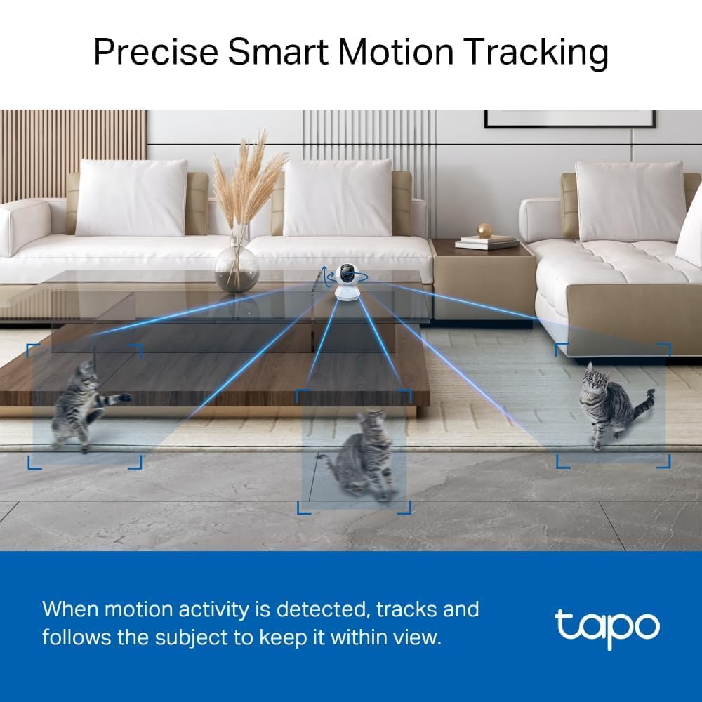Tapo C230 5MP indoor security camera with pan/tilt, night vision, two-way audio, AI detection for person, pet, and baby cry.