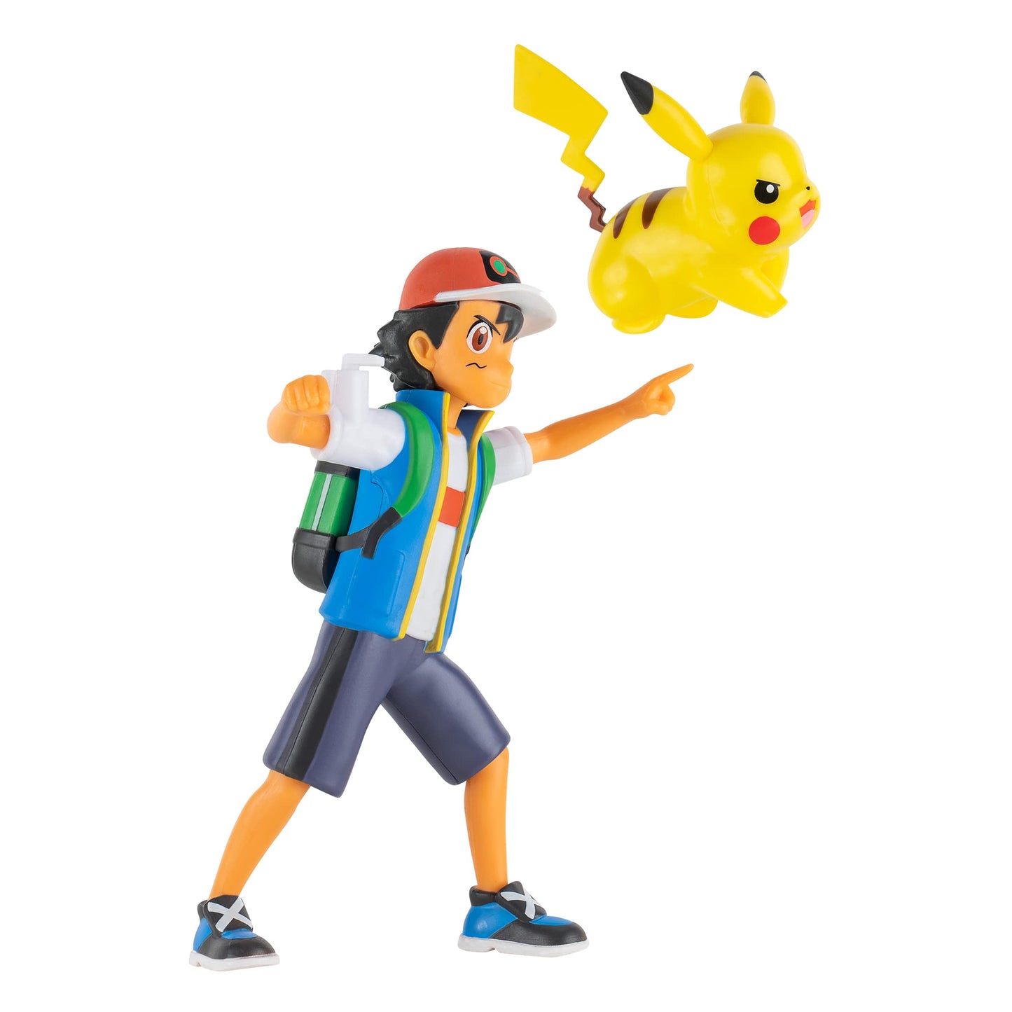 Pokémon 4.5-inch Ash figure with 2-inch Pikachu in action pose, showcasing detailed features and vibrant colors.