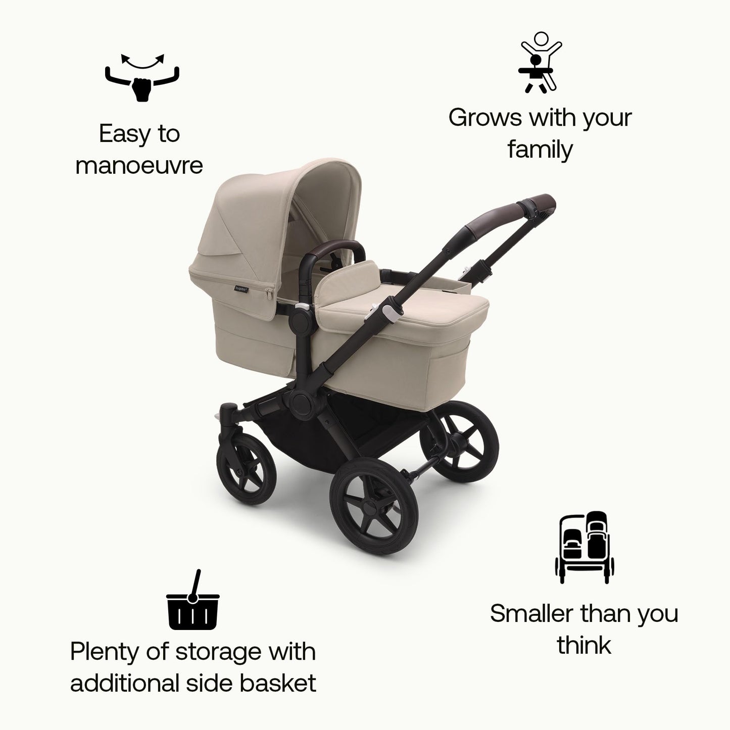 Bugaboo Donkey 5 Mono, Convertible Into Side by Side Double Stroller, Improved Design, Reversible Seat, One Hand Steering and Side Basket, Desert Taupe