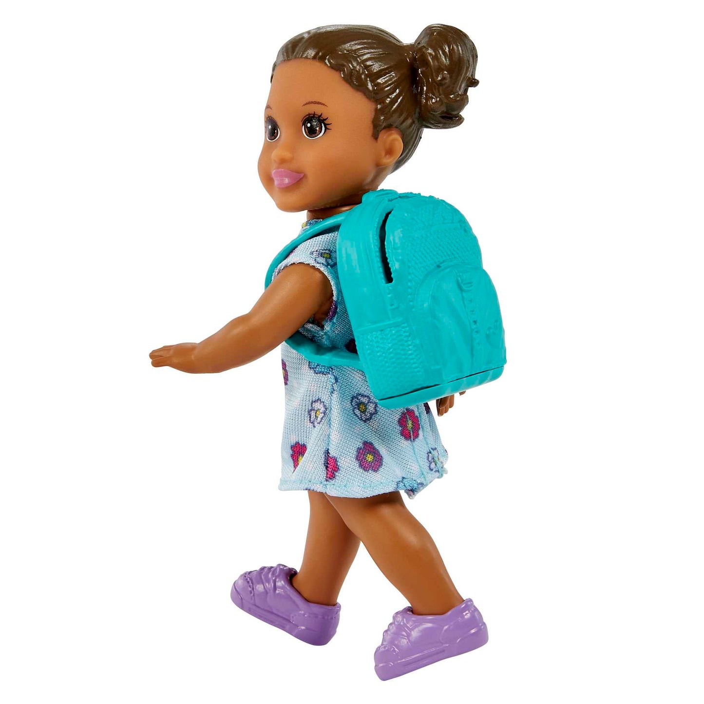 Barbie Teacher Doll with blonde hair, toddler doll with brunette hair, flip board, laptop, backpack, toddler desk, and pet turtle.