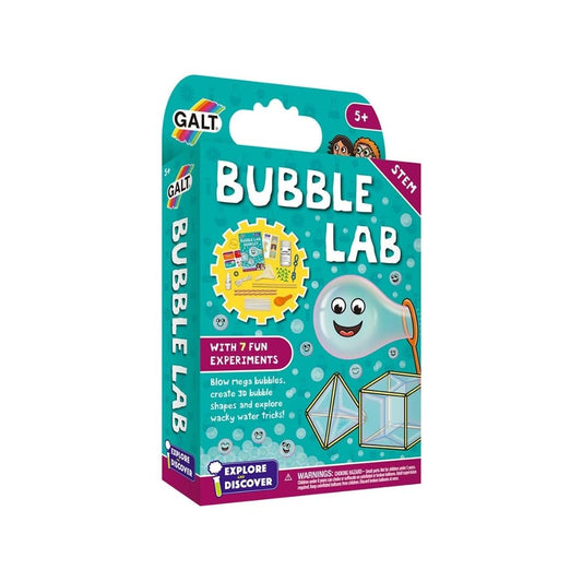 Galt Bubble Lab science kit for kids showing colorful bubble shapes and water tricks with experiment guide for children aged 5+.