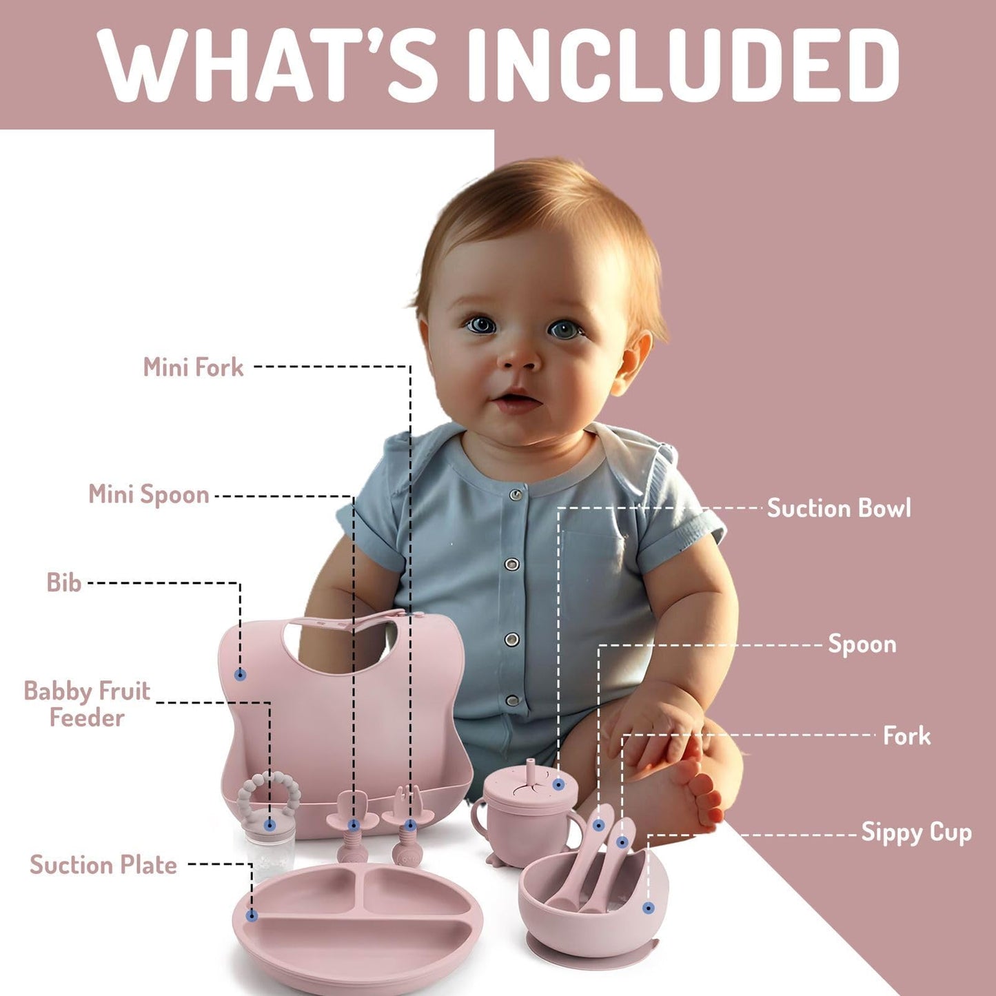 Indique Baby Weaning Set - 11 Pcs Silicone Baby Feeding Set with Suction Plate, Weaning Kit with Adjustable Bib, Fork, Spoon, Fruit Feeder & Toothbrush – Ideal Weaning Set Gift (Light Pink)