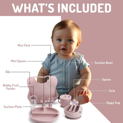 Indique Baby Weaning Set - 11 Pcs Silicone Baby Feeding Set with Suction Plate, Weaning Kit with Adjustable Bib, Fork, Spoon, Fruit Feeder & Toothbrush – Ideal Weaning Set Gift (Light Pink)