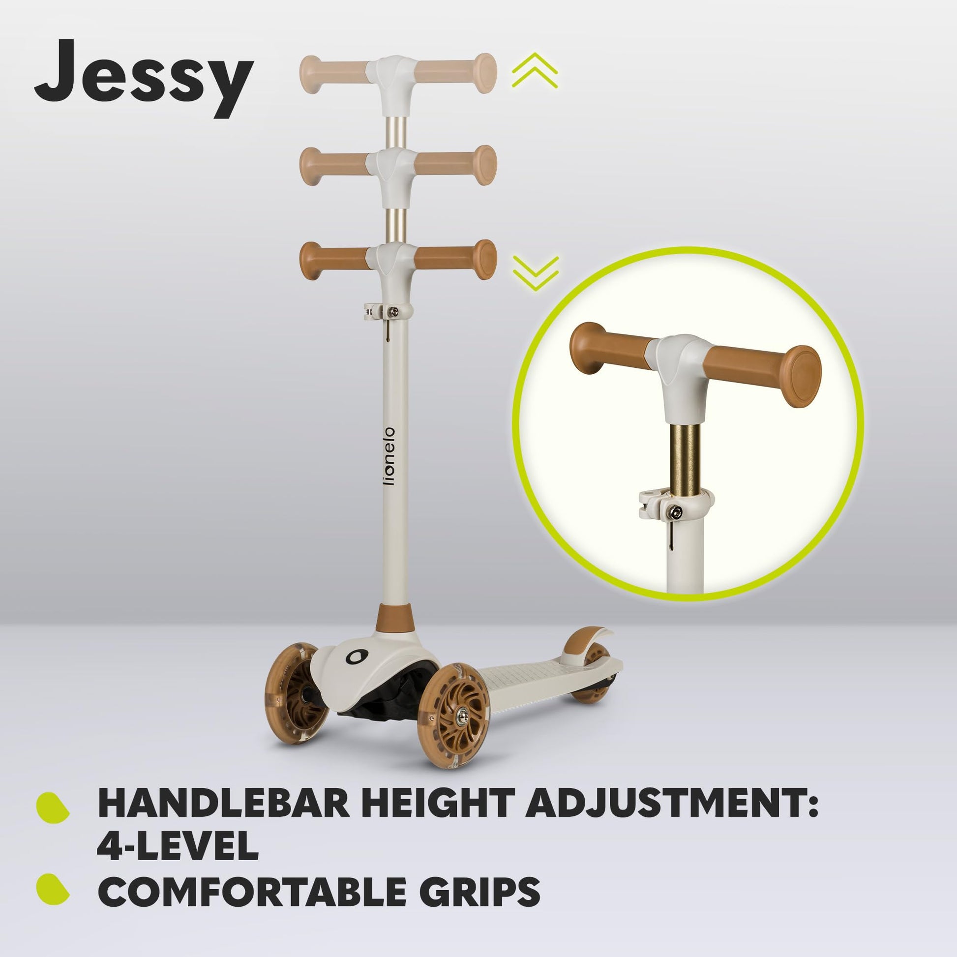Lionelo Jessy kids scooter with LED light-up wheels, three wheels, height adjustment, and non-slip platform.