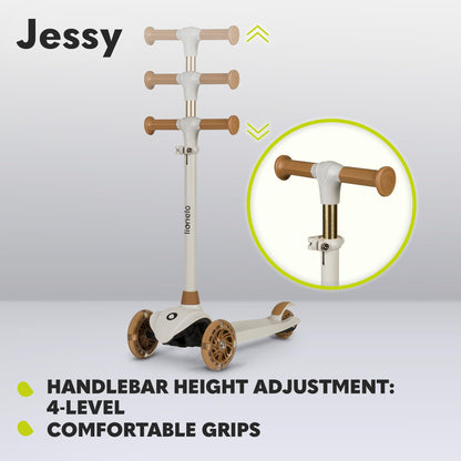 Lionelo Jessy kids scooter with LED light-up wheels, three wheels, height adjustment, and non-slip platform.