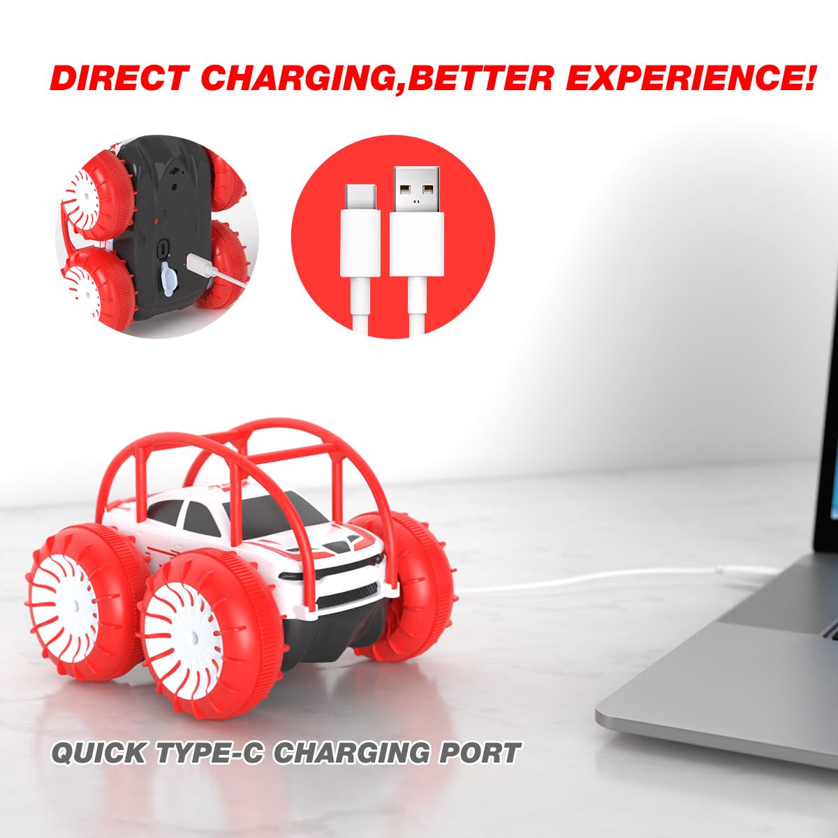 MaxTronic Direct Charging Remote Control Car for Kids, Amphibious RC Cars Toy 2.4G 360° Flips Rotation 15KM/H 4WD All Terrain Stunt Car with Ajustable LED for Boys Girls 3-12 Years Old