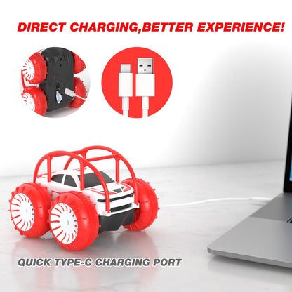 MaxTronic Direct Charging Remote Control Car for Kids, Amphibious RC Cars Toy 2.4G 360° Flips Rotation 15KM/H 4WD All Terrain Stunt Car with Ajustable LED for Boys Girls 3-12 Years Old
