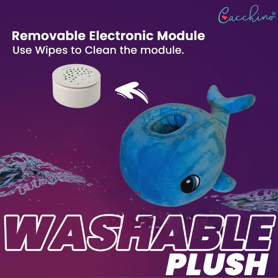 Cacchino plush whale sleep soother with cry sensor, 20 lullabies, and machine washable fabric for baby comfort.