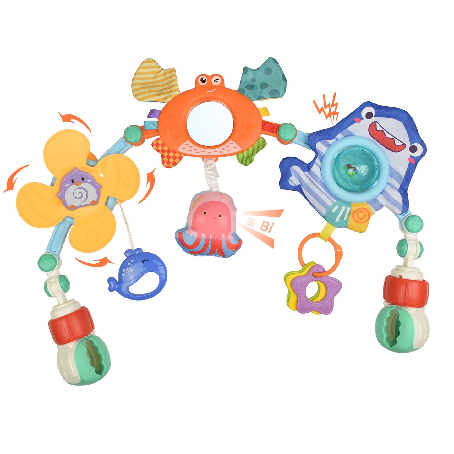 Coriver baby arch pram toys with adjustable clip, colorful sensory toys and musical mobile for infants and toddlers on strollers.