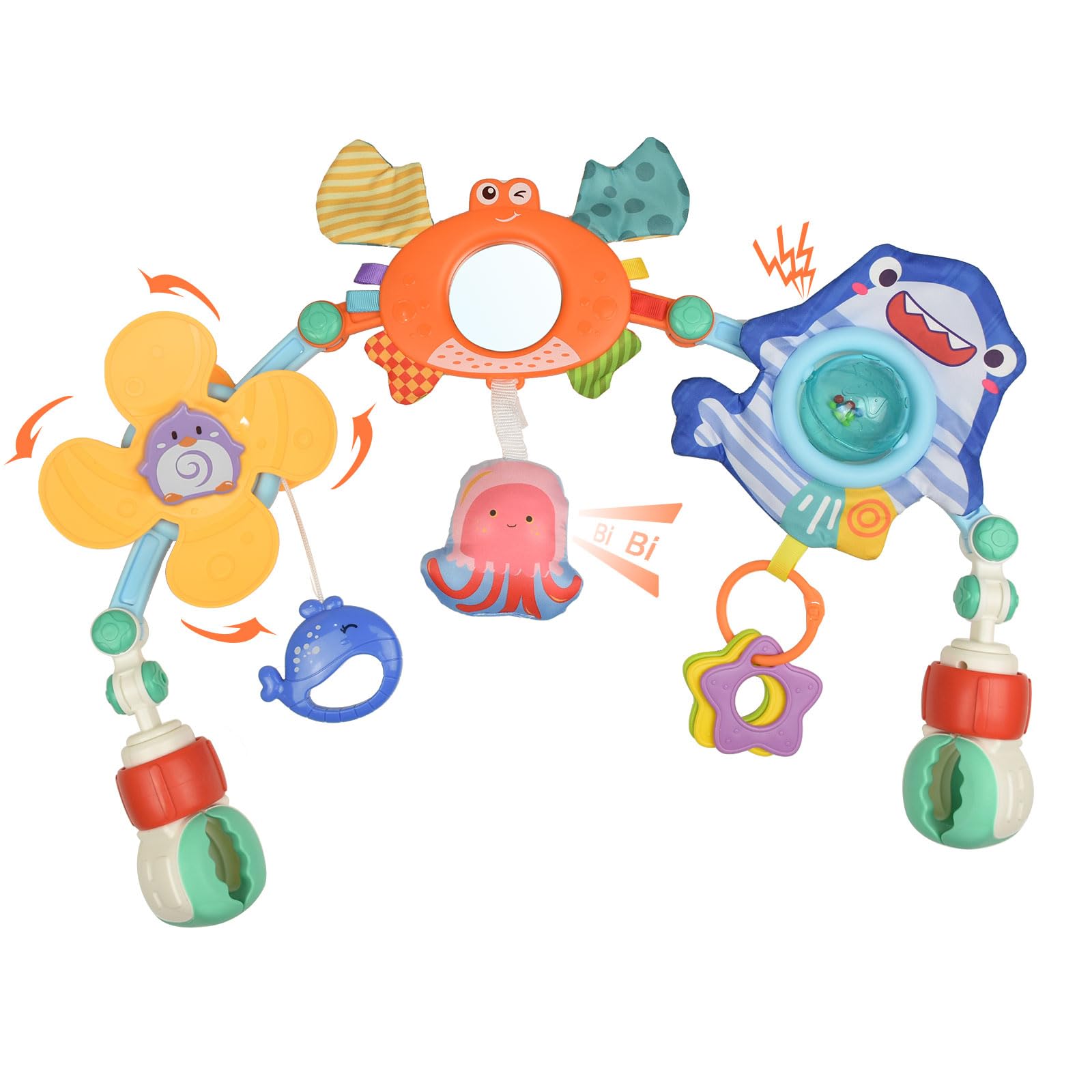 Coriver baby arch pram toys with adjustable clip, colorful sensory toys and musical mobile for infants and toddlers on strollers.