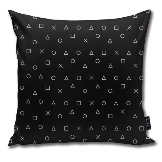 Black gaming pattern PlayStation controller symbols decorative throw pillow cover for home, couch, or bed, 18x18 inches.