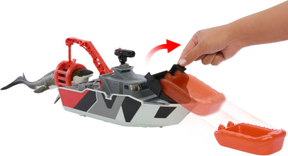 Mattel Jurassic World: Rebirth Matchbox Toy Car Playset, Jurassic World 12.5” Dino Boat with 13” Mosasaurus Dinosaur, 1:64 Die-Cast Jeep, Harpoon Missiles & Detachable Rescue Boat, JGG61