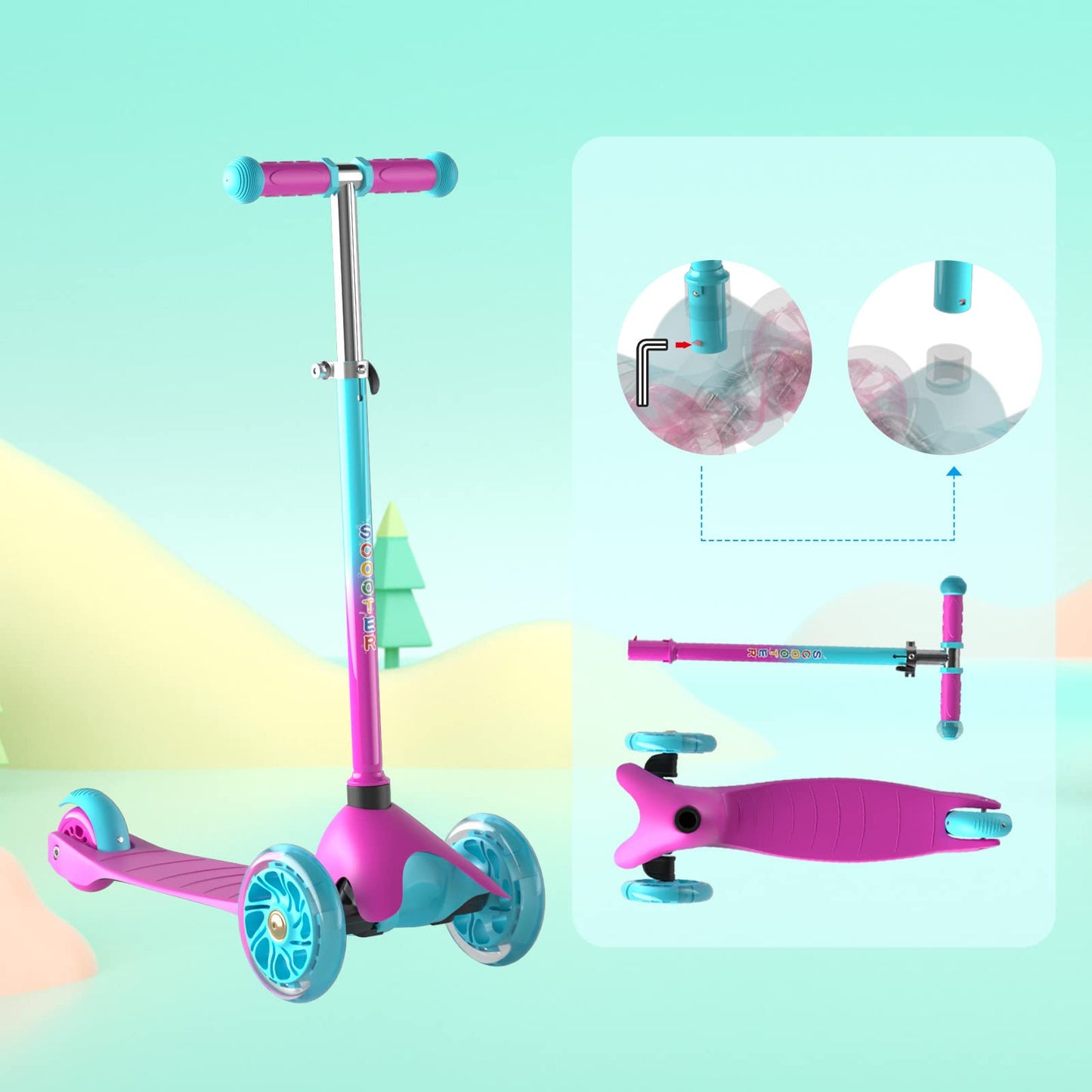 FAYDUDU 3 Wheel Scooter with LED Children's Scooter for Children from 2-5 Years, Adjustable Height (Pink)