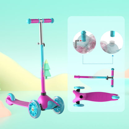 FAYDUDU 3 Wheel Scooter with LED Children's Scooter for Children from 2-5 Years, Adjustable Height (Pink)