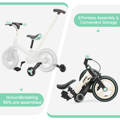 JMMD 6-in-1 Toddler Bike with Training Wheels and Pedals, 12 inch Convertible and Foldable Balance Bike & Pedal Bike with Adjustable Parent Handle, Kickstand, Brakes for kids, Age 18 Months-5 Years