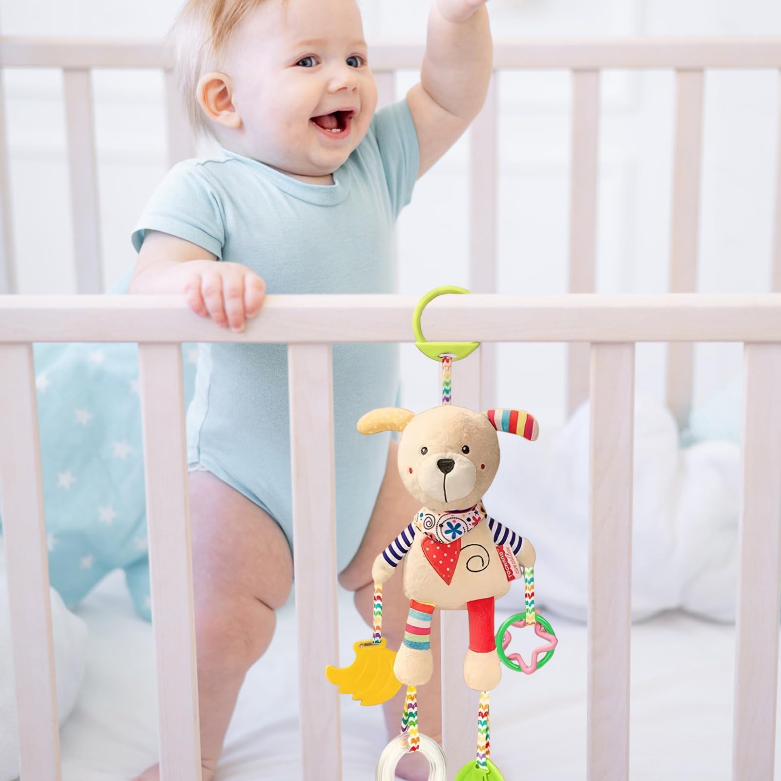 Jodsen baby pram pushchair toy featuring a soft plush cute dog, with teether, handbells, and baby rattle for sensory development.